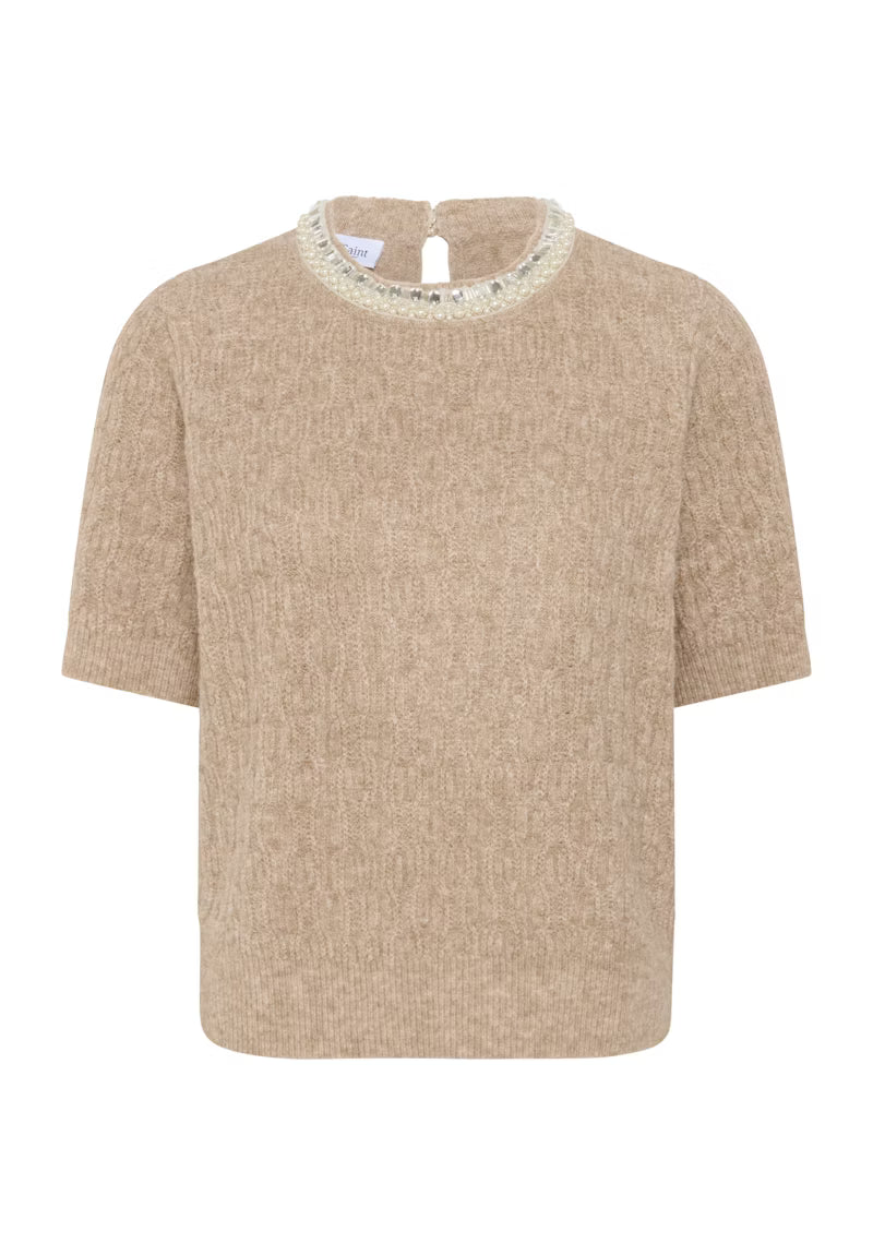 Strikbluse m. kort ærme. Beige.