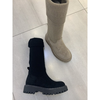 Støvle, Long Boot w. knit. Beige