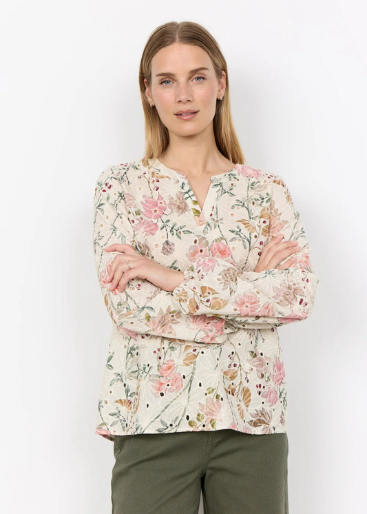 Bluse, creme med smukt blomstermønster