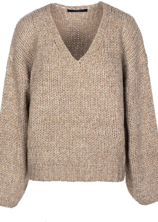 Strik, langærmet med v-hals. Nugga/light Taupe..