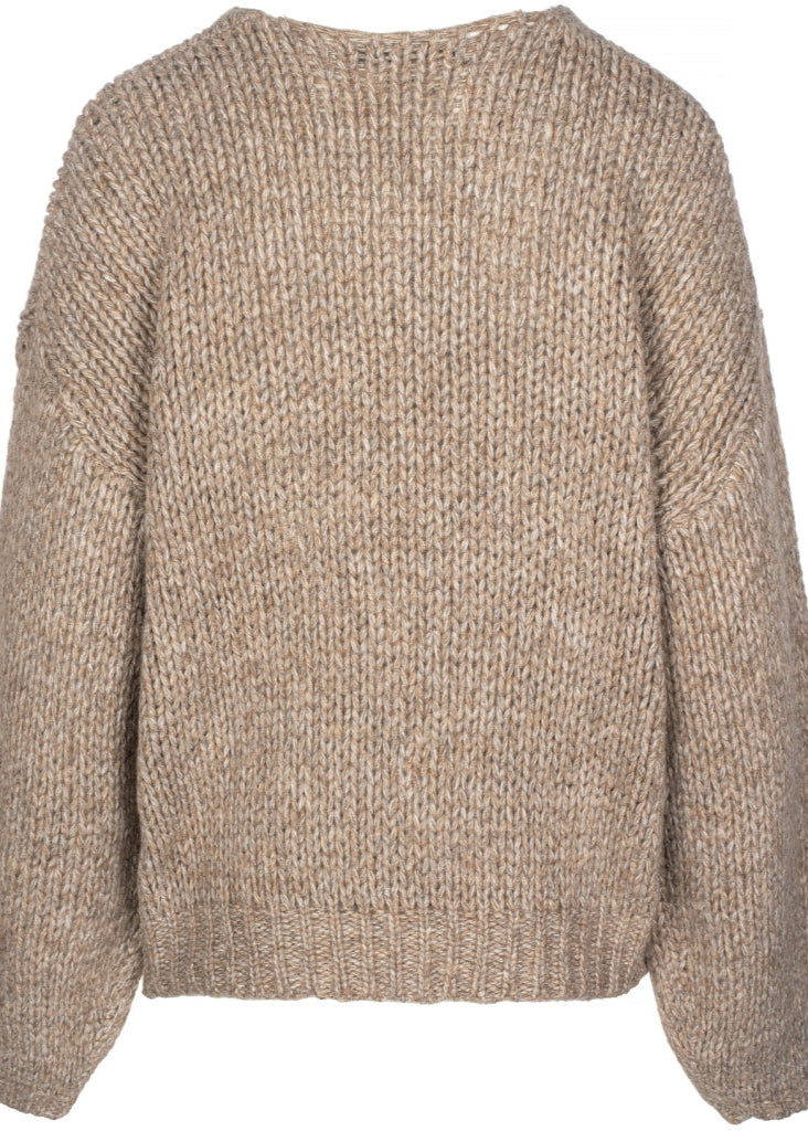 Strik, langærmet med v-hals. Nugga/light Taupe..
