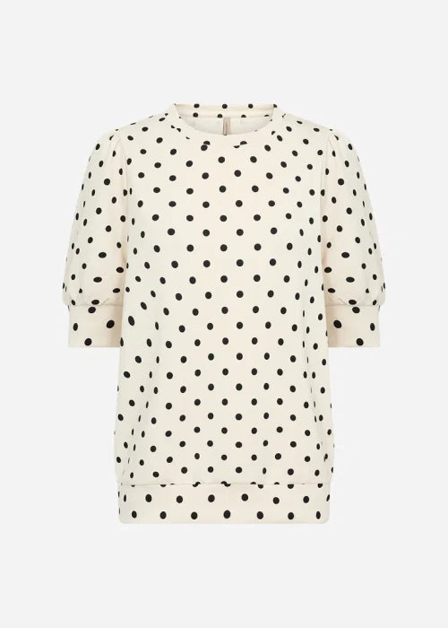 Bluse. Kortærmet. Beige med sorte dots