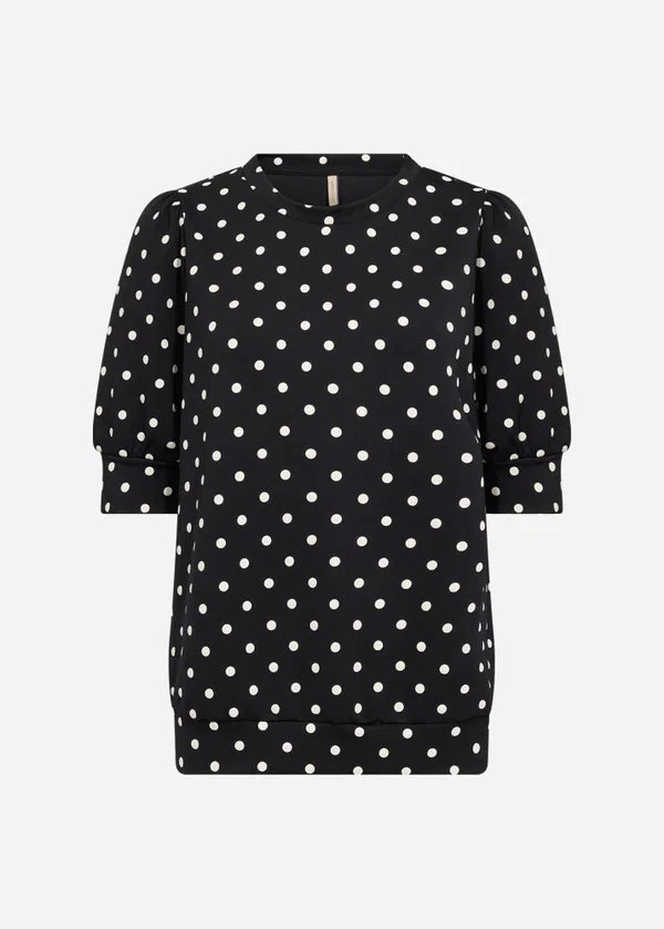 Kortærmet bluse. Sort med beige dots