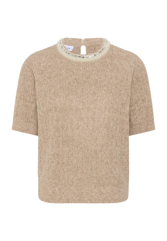 Strikbluse m. kort ærme. Beige.