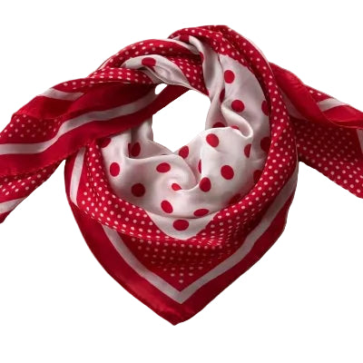 Tørklæde, rødt/hvidt prikket.