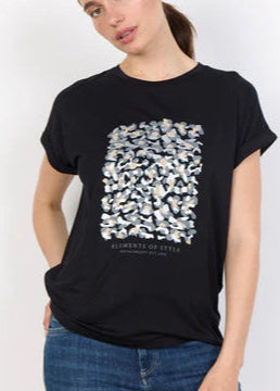 Soya Concept, t-shirt. Sort m. bronce, grå og creme mønster.