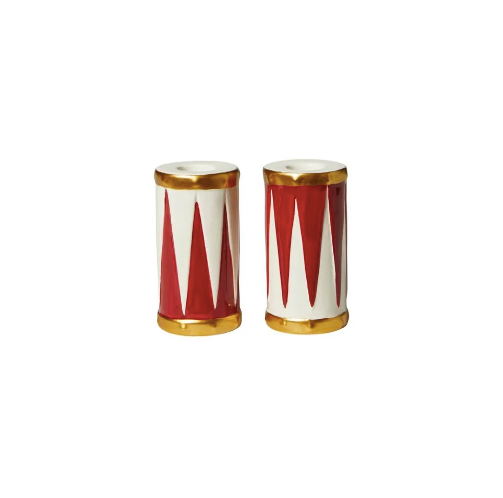 Sæt med 2 stk. Lysest./vase; Trommer. Mål D5x13cm keramik. Red/white/gold.