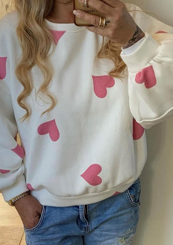 BOHO LOVE Anelinda Sweatshirt, hvid med lyserøde hjerter. One Size.