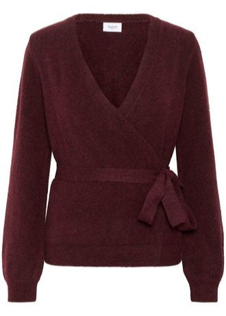 Cardigan, strik. Slå om. Farve: Fudge/bordeaux.