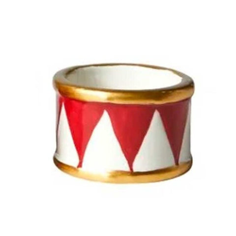 Fyrfadsstage; Tromme. Mål D6x4cm keramik. Red/white/gold